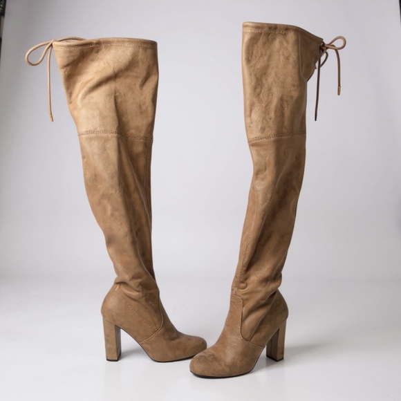 A.N.D Shoes - Suede Over the Knee High Boots Block Heel Taupe Modern Parisian Chic Boho 7.5